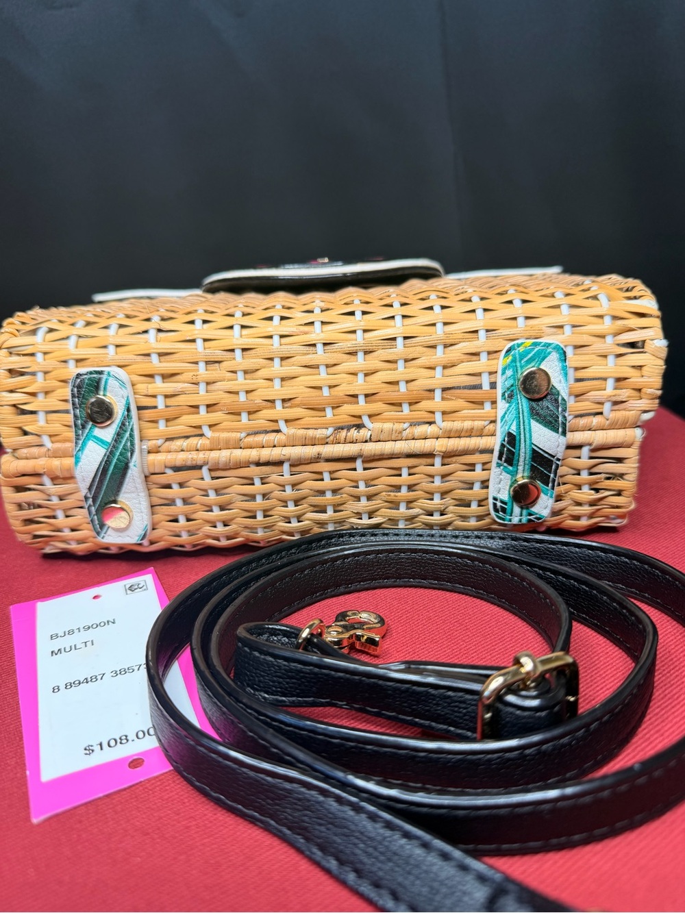 🤩 Adorable Betsey Johnson Pink Phone Dial Wicker Crossbody with Teal Leaf Flap - Picture 4 of 10